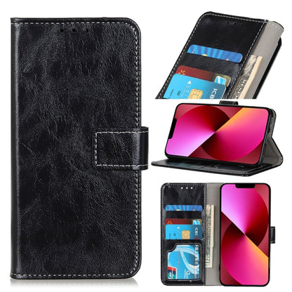 Black flip phone wallet case with card slots, photo frame, and kickstand.