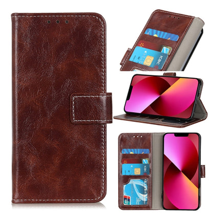 Brown flip phone wallet case with card slots; fold-over cover and kickstand
