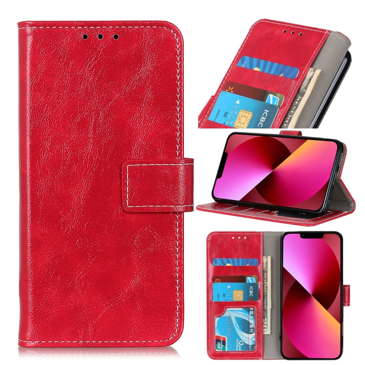 Red faux leather flip phone case with card slots and photo window, front closed