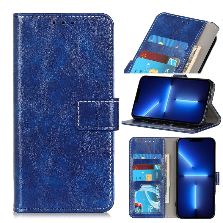 Blue textured flip phone wallet case with card slots and stand feature