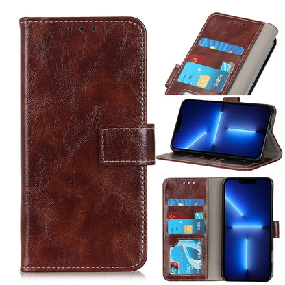Brown textured flip phone wallet case with card slots and stand view