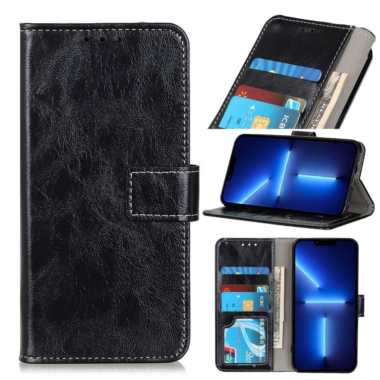 Black leather flip phone wallet case with card slots and kickstand in open view.