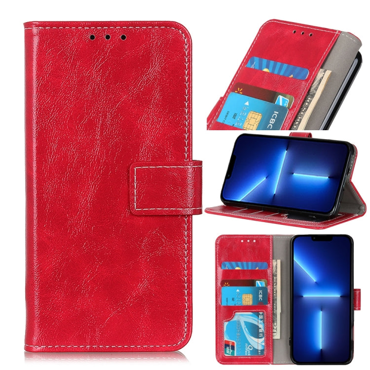 Red faux leather flip phone case with card slots and photo window, kickstand view