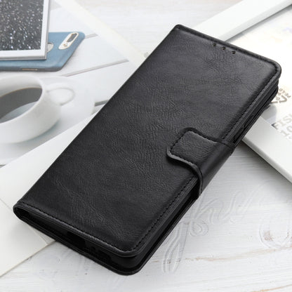 Black leather flip phone case with front pocket and flap closure