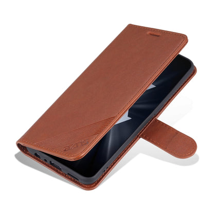 Brown sheepskin-texture flip leather phone case with open flip stand and holder strap