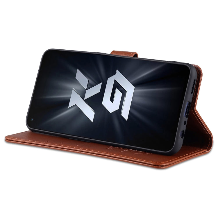 Brown flip leather phone case with holder, open for viewing