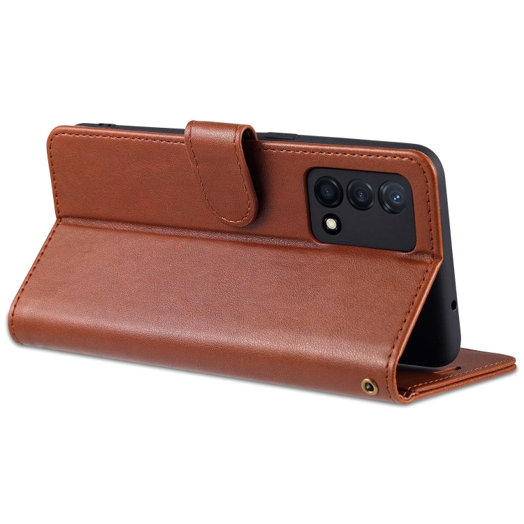 Brown leather flip phone case with camera cutout and front flap