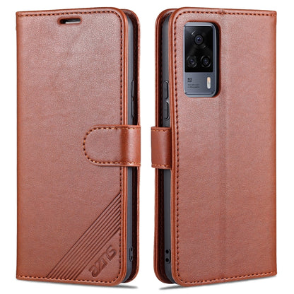 Brown sheepskin-texture flip leather phone case with holder strap and camera cutout