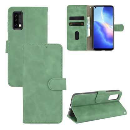 Green PU leather flip phone case with magnetic buckle, card slots, and wallet pocket