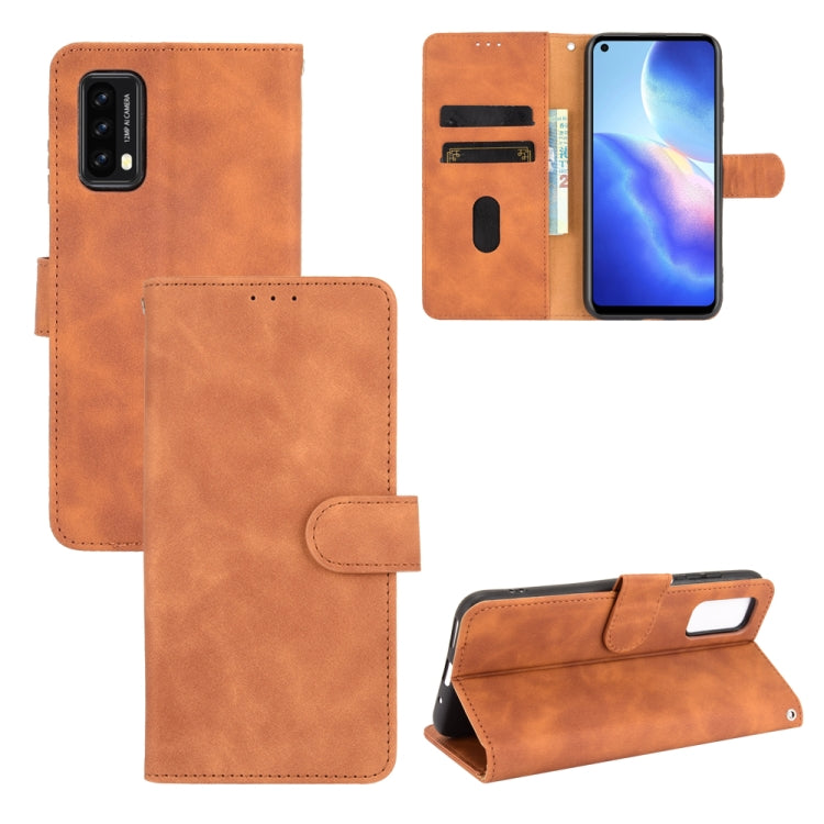 Brown PU leather flip phone case with magnetic buckle, card slots, and wallet pocket