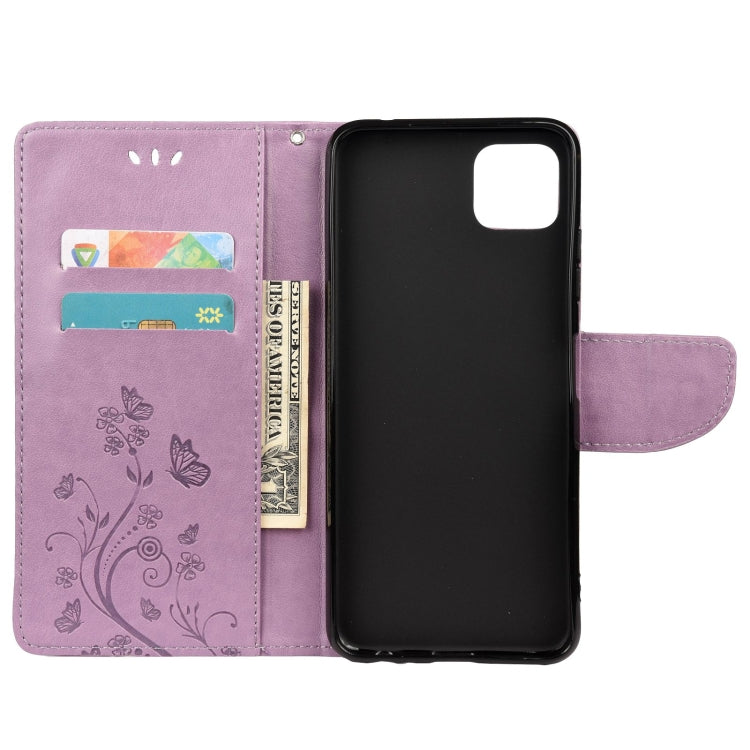 Light purple butterfly floral wallet case with built-in card slots and flip stand