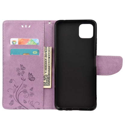 Light purple butterfly floral wallet case with built-in card slots and flip stand