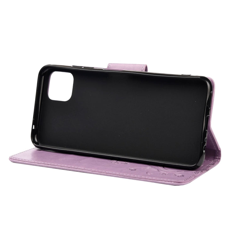 Light purple butterfly floral flip phone case folded into landscape stand