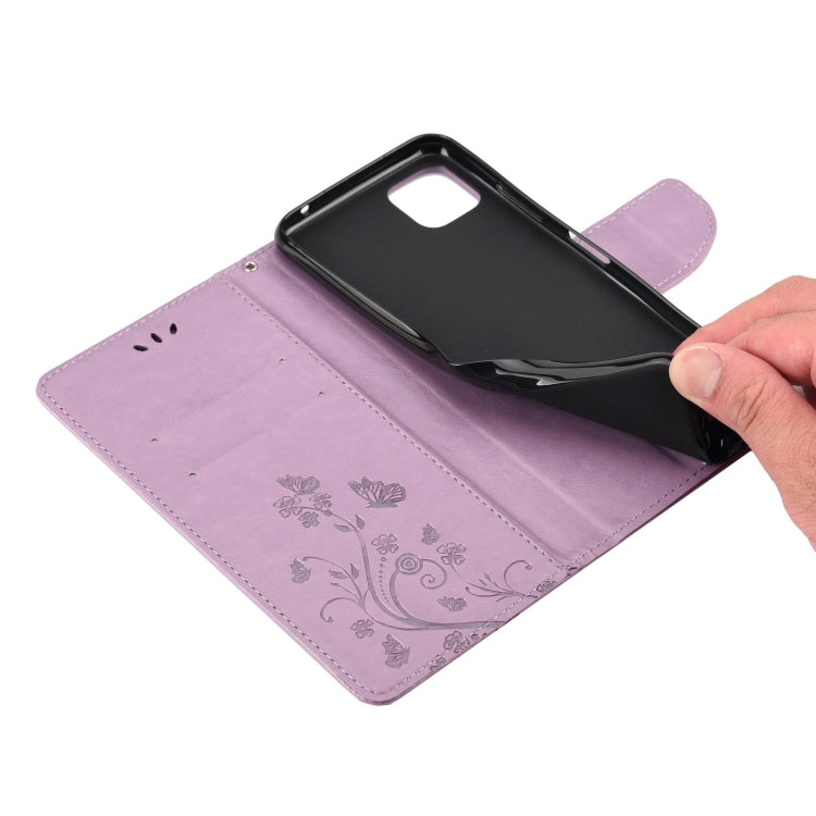 Light purple butterfly floral leather flip phone case opened with card slots