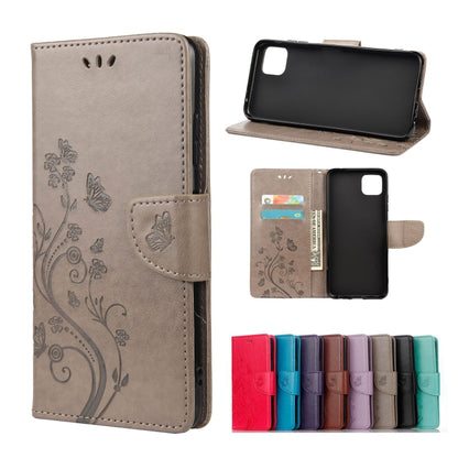 Grey leather flip phone case with butterfly floral pattern and card holder pocket
