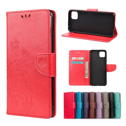 Red leather flip phone case with butterfly floral pattern and card holder pocket