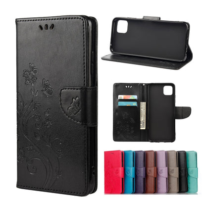 Dark gray butterfly-pattern leather flip phone case wallet with card slots and stand
