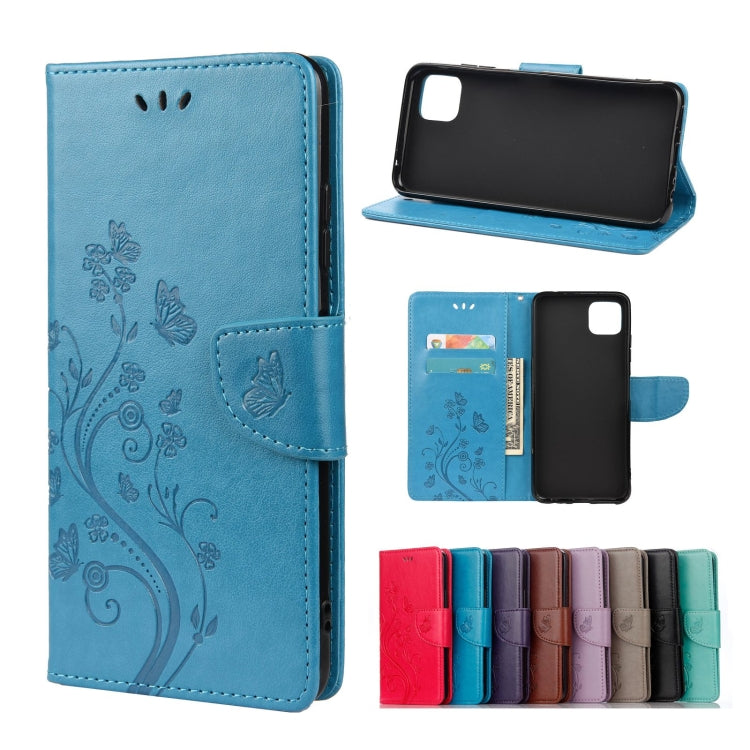 Blue butterfly-pattern leather flip phone case wallet with card slots and stand