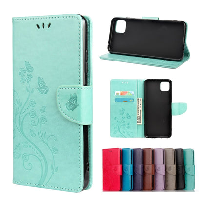Light teal butterfly-pattern leather flip phone case wallet with card slots and stand
