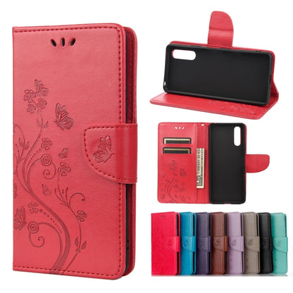 Red butterfly-pattern leather flip phone case wallet with card slots and stand