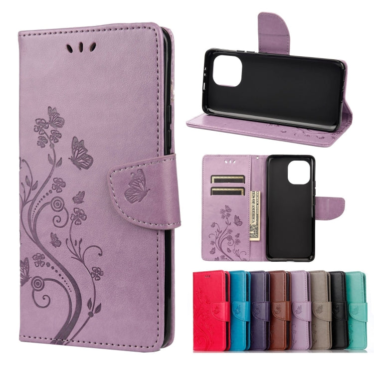 Light purple butterfly floral flip leather phone case with card slots and stand holder
