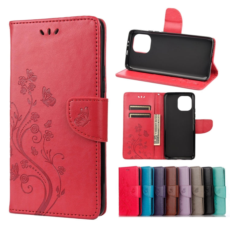 Red butterfly floral flip leather phone case with card slots and stand holder