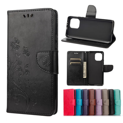 Black butterfly floral flip leather phone case with card slots and stand holder