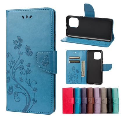 Blue butterfly floral flip leather phone case with card slots and stand holder