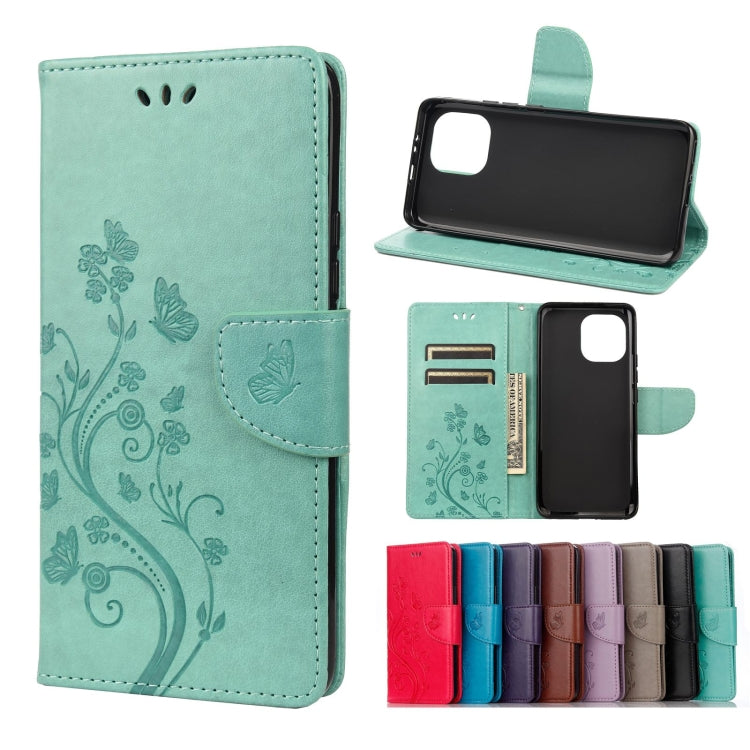 Mint green butterfly floral flip leather phone case with card slots and stand holder