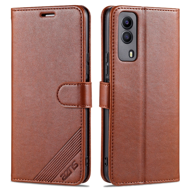 Brown flip leather wallet case with strap and card slots, for phone camera cutout.
