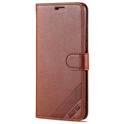 Brown flip wallet leather case with strap and AZNS logo, showing front cutout.