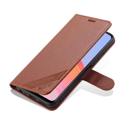 Brown flip leather wallet case with kickstand fold and strap, phone screen partially visible.