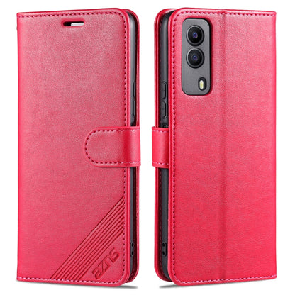 Red flip leather wallet case with strap and card slots, camera opening visible.