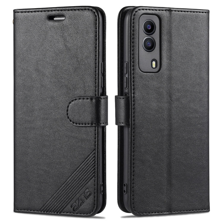 Black flip leather wallet case with strap and card slots, camera opening visible.