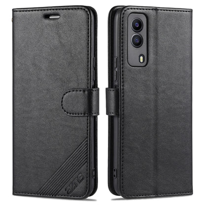 Black flip leather wallet case with strap and card slots, camera opening visible.