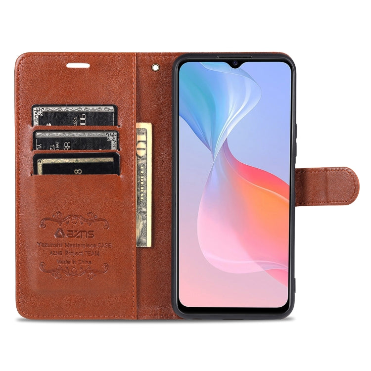 Brown flip leather wallet case opened to show card slots and phone screen held inside.