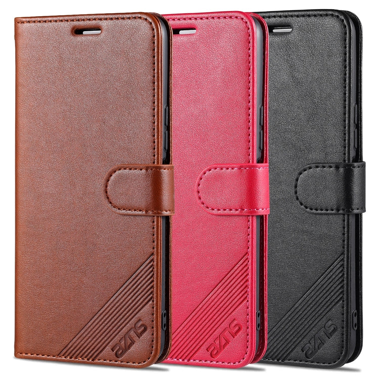 Set of flip leather wallet cases in brown, red, and black with strap and card slots.