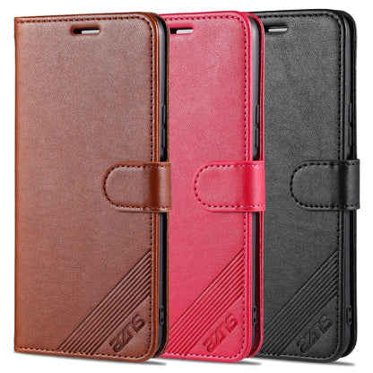Set of flip leather wallet cases in brown, red, and black with strap and card slots.