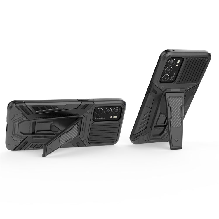 Rugged armor-style phone case in black with kickstand and raised camera protection