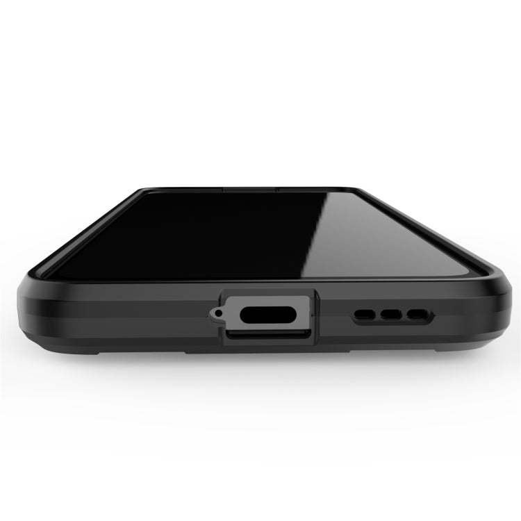 Black rugged phone case side view with port cutouts and raised screen edge