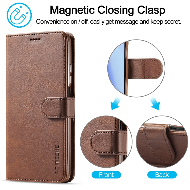 Brown calf-texture leather flip phone wallet case with magnetic closure and stitched strap