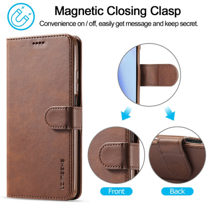 Brown calf-texture leather flip phone wallet case with magnetic closure and stitched strap