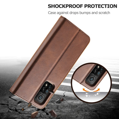 Brown calf-texture leather flip phone wallet case with reinforced edges and camera openings