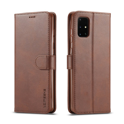 Tan leather flip phone wallet case with side strap and camera cutout