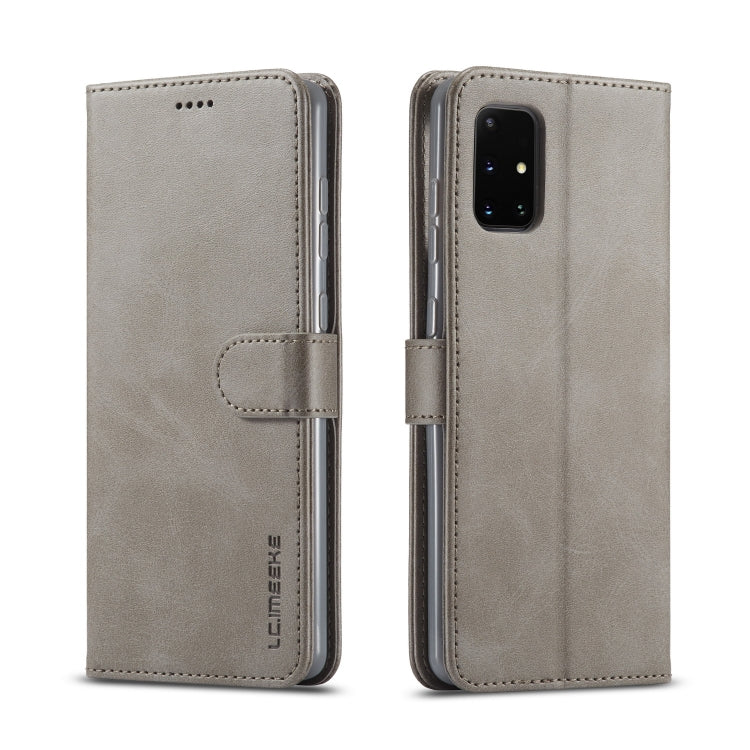 Light gray leather flip phone wallet case with side strap and camera cutout