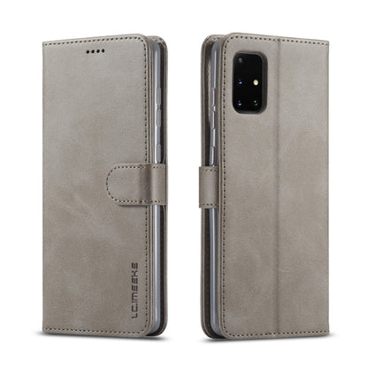Light gray leather flip phone wallet case with side strap and camera cutout