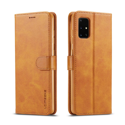 Orange-brown leather flip phone wallet case with side strap and camera cutout