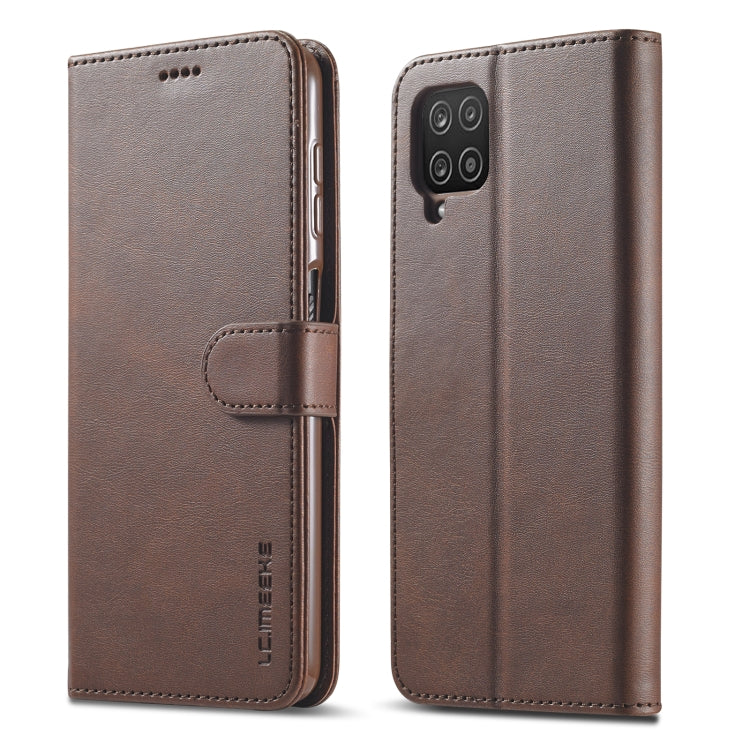 Brown leather flip phone wallet case with side strap and multi-camera cutout