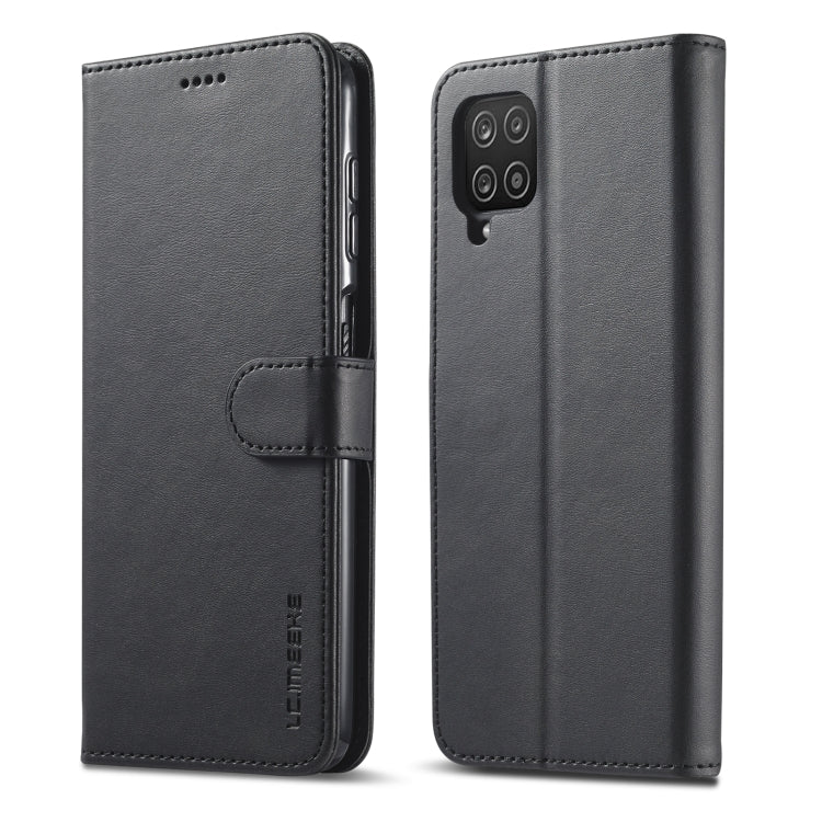 Black leather flip phone wallet case with side strap and multi-camera cutout