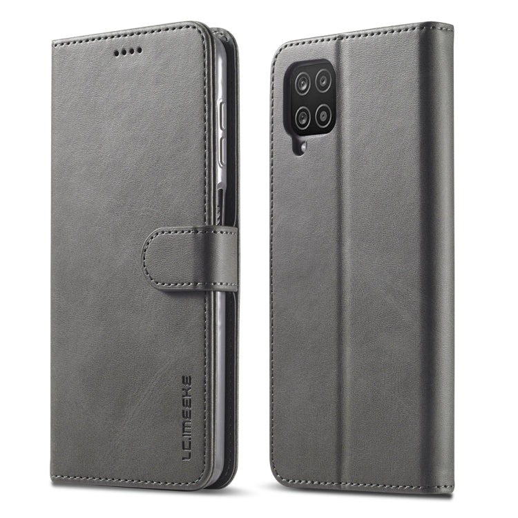 Gray leather flip phone wallet case with side strap and multi-camera cutout